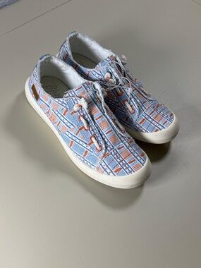 Striped Canvas Slip-On Sneakers in Light Blue & Coral